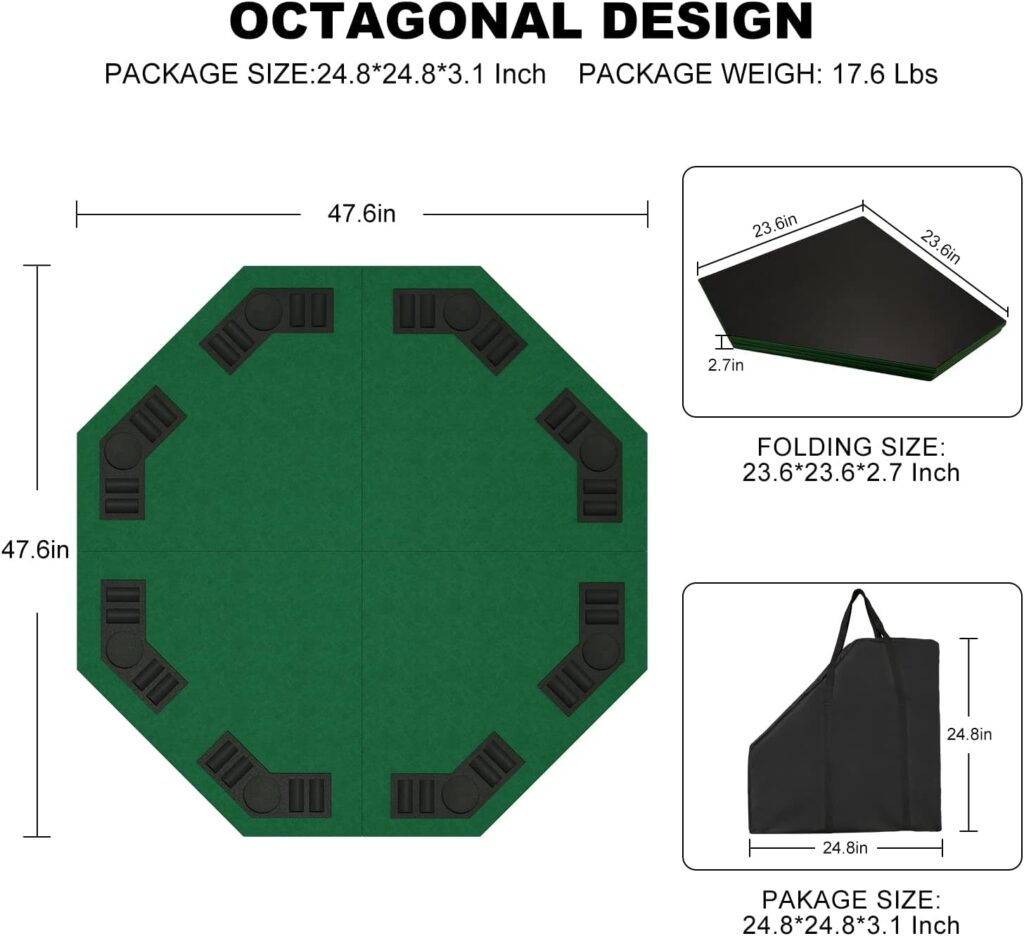 Foldable Octagon Poker Table Top for 8 Players with Chip Trays and Cup Holders