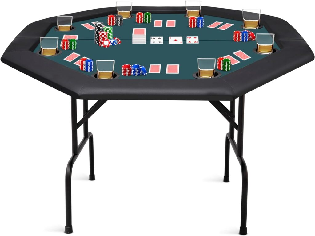 Foldable Octagon Poker Table for 8 Players - Cushioned Armrest, and Cup Holders
