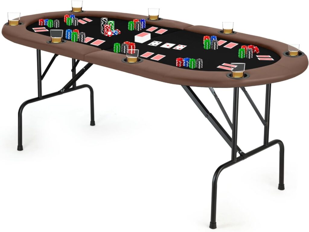 Portable Foldable 8 Player Texas Hold’em Table with Cushioned Armrest and Cup Holders